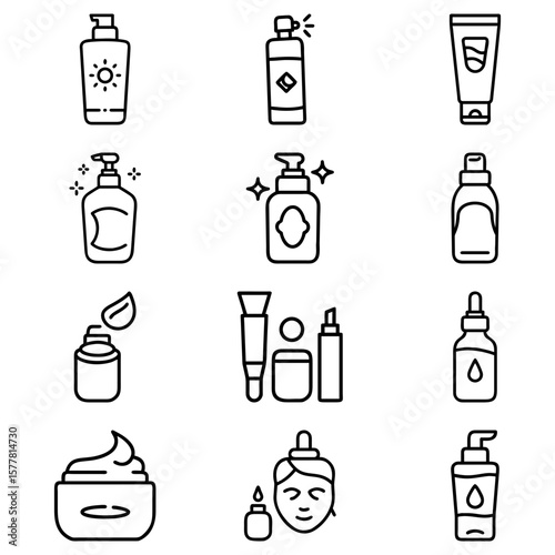 Outline drawing of various cosmetic products including bottles tubes and jars on a white background design