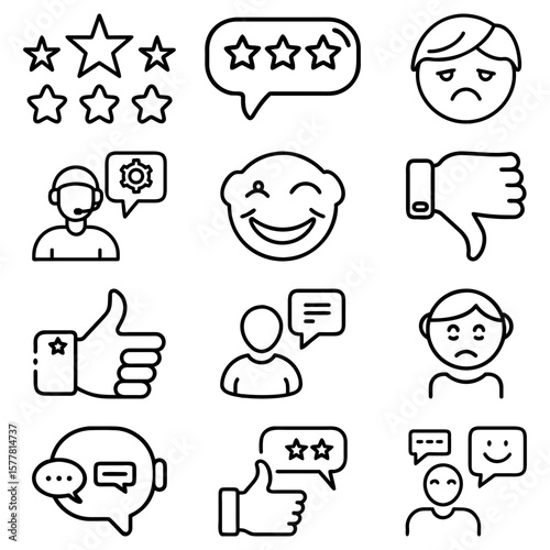 Illustration showing customer feedback icons including ratings, thumbs up, and sad faces displayed
