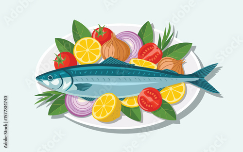 Flat vector Illustration of Whole mackerel fish served on a plate with fresh vegetables and lemon slices