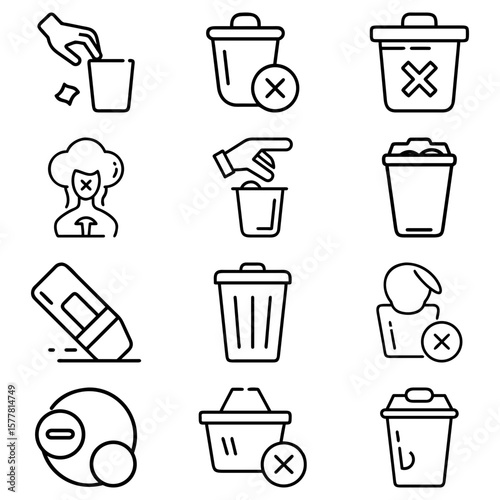 Outline icons depicting deletion and removal actions including trash cans eraser and minus signs in black