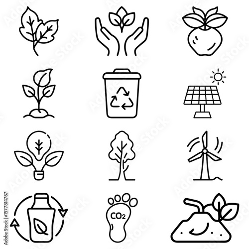 Collection of environmental icons depicting nature conservation and sustainable practices in line art style