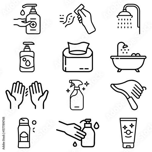 Line art icons depicting hygiene and cleaning products and actions such as hand washing and showering