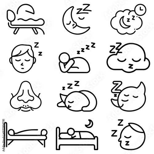 Collection of outline icons depicting various sleeping positions and sleeping related symbols and icons
