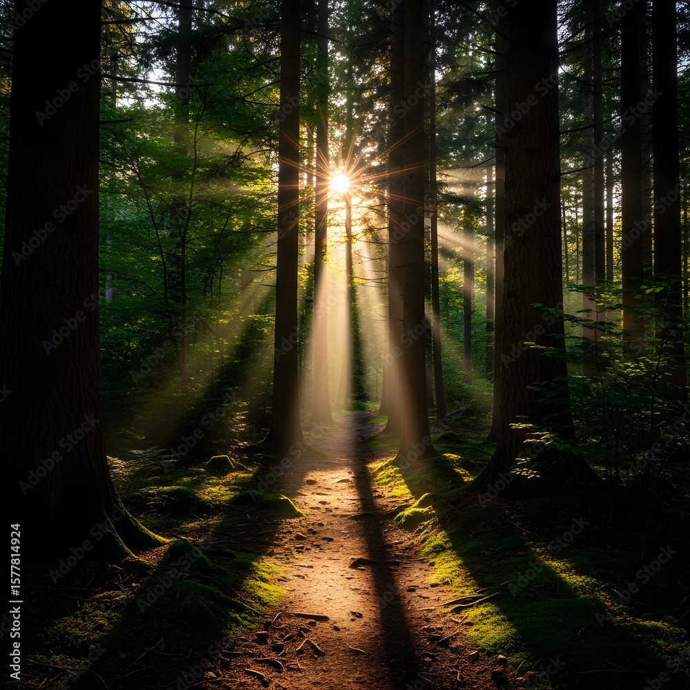 Obraz premium Sunbeams Shining Through Forest Trees Creating a Path of Light.