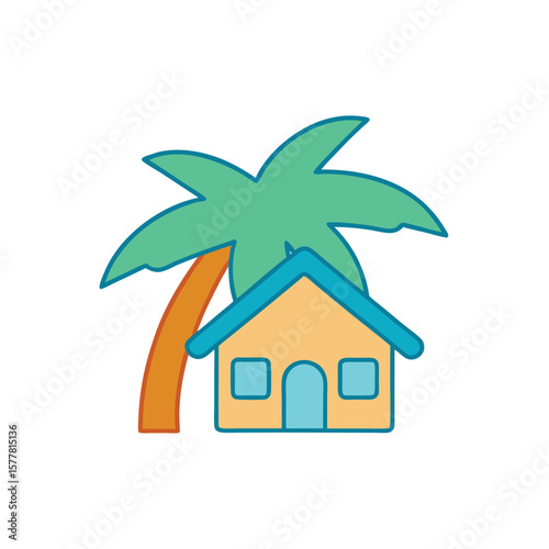 A beach house with palm tree