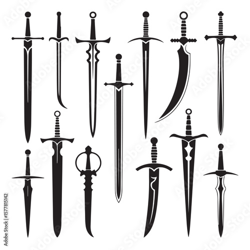 Collection of vintage medieval sword silhouettes: a vector illustration of antique metal blades, symbols of historical weaponry and design