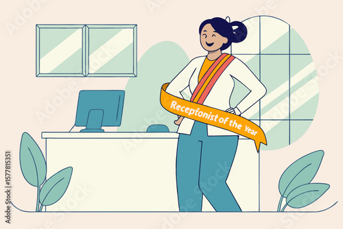 A receptionist posing proudly with a “Receptionist of the Year” sash