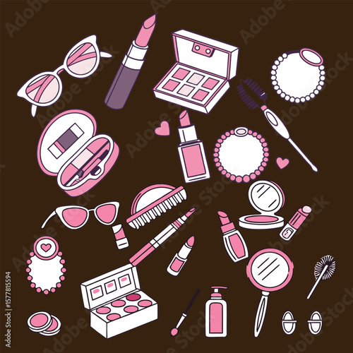 Minimalist flat vector icon set for women s beauty and fashion with bold outlines and pastel colors