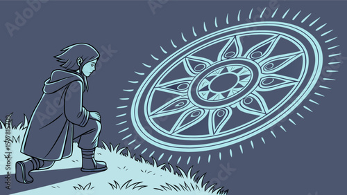 Girl kneeling before glowing mandala art illustration mystical symbol design spiritual journey artwork scene vector