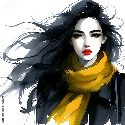 Watercolor fashion portrait of a young woman with black flowing hair, wearing a bright yellow scarf and dark clothes, red lips, expressive eyes, wind-blown effect