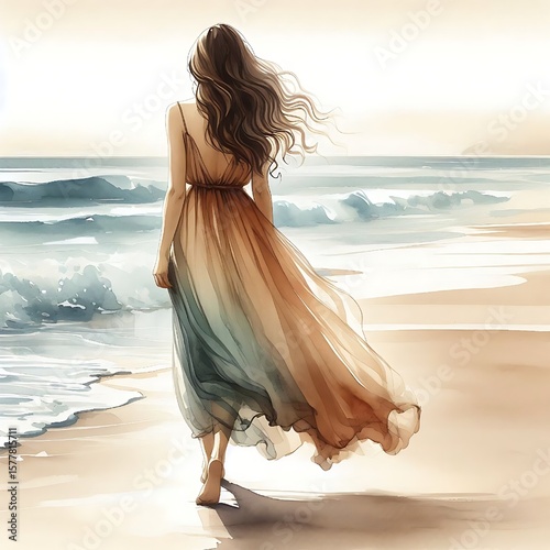 a woman walking barefoot on the beach, wearing a flowing gradient dress in soft earth tones, long hair blowing in the wind, ocean waves in the background