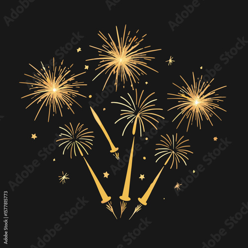 Golden Firework Rockets – Vector Illustration on Black Background
