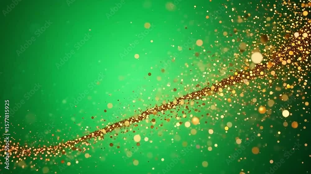 Gold glitter particles sparkle and flow across a vibrant green background creating a magical festive look.