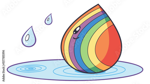 Rainbow water drop cartoon illustration, colorful rain cute character design, water cycle for kids learning