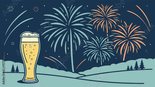 Celebrate new year with beer and fireworks vector illustration for holiday and party design needs