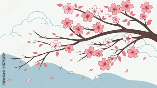 Beautiful cherry blossom branch with pink flowers and falling petals vector illustration design art print