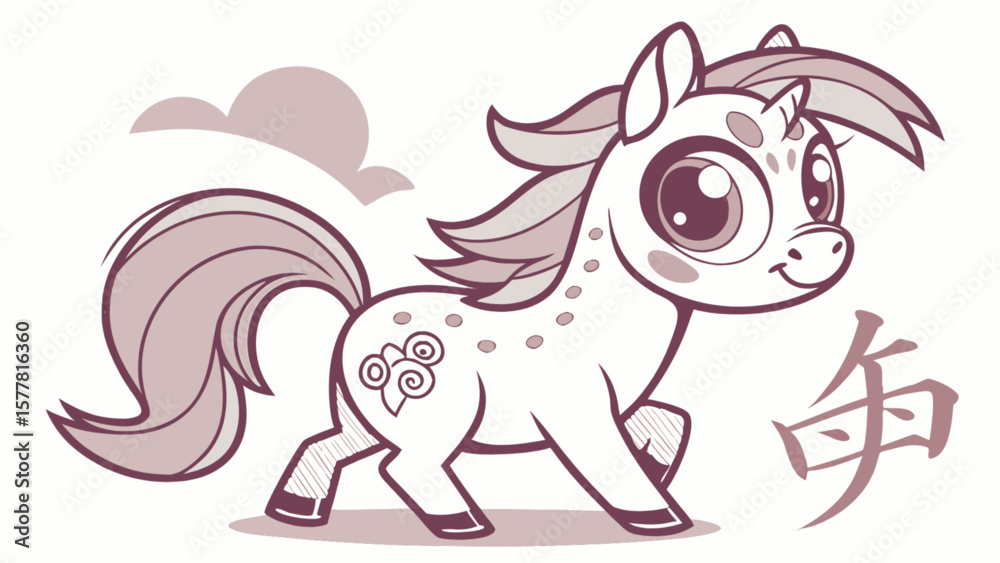 Naklejka premium Cute cartoon pony illustration for kids coloring pages and animal character design with chinese symbol art
