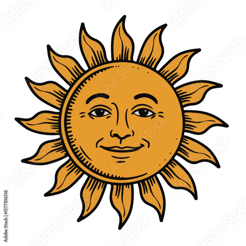 A smiling cartoon sun character, a happy yellow vector illustration of summer fun and sunshine