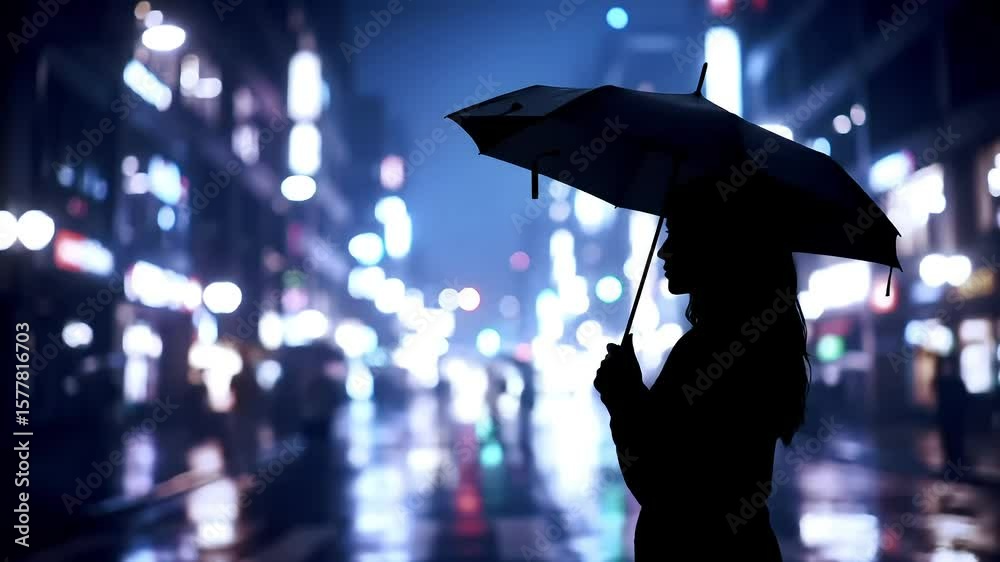Woman, umbrella, city night, rain, bokeh