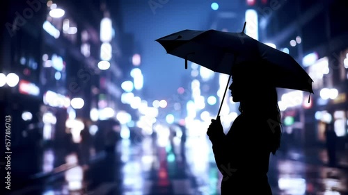 Woman, umbrella, city night, rain, bokeh