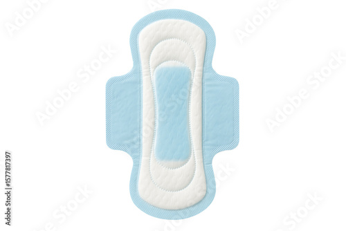 A clean top-down view of a new, unused feminine hygiene sanitary napkin with wings, featuring a highly absorbent core and leak-protection channels, isolated