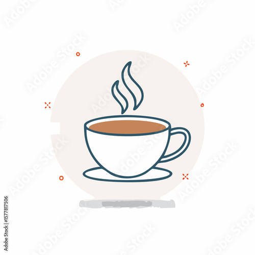 A steaming cup of coffee rests on a saucer, depicted in a minimalist line art style within a circular frame.