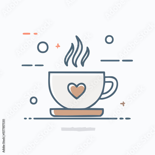 A warm cup of coffee with a heart symbol, steaming gently.