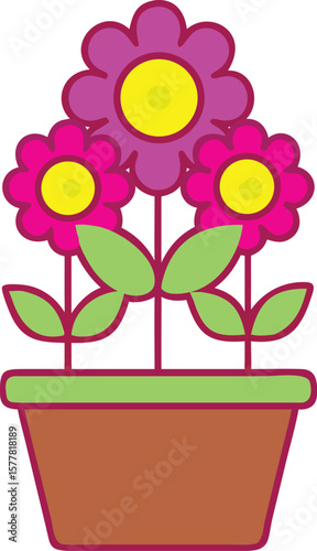Flowers in a Planter Box Icon. Cartoon vector of pink garden flowers for balcony or window decoration.