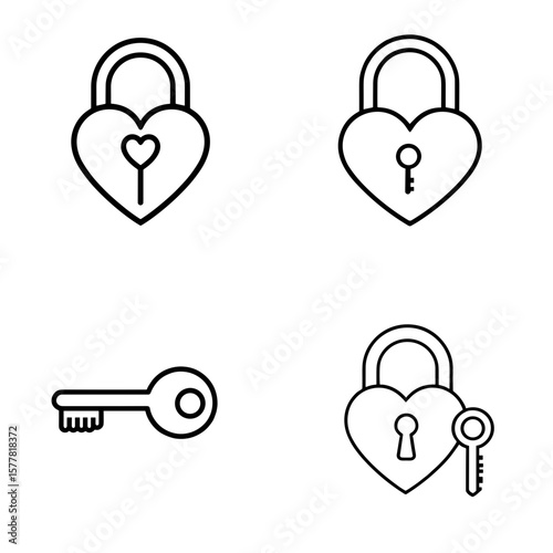 Vector set of heart-shaped locks and keys, romantic and security-themed designs on a transparent background