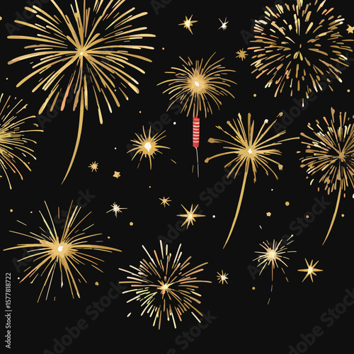 Golden Fireworks Display on Black Background – Vector Illustration
