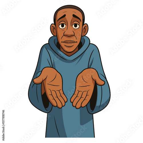 Funny vector cartoon of a strong guy with hands up