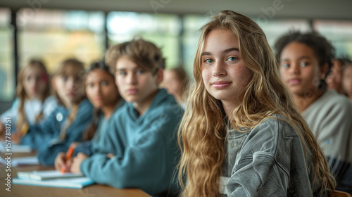 A diverse group of high school students engaged in classroom learning, representing inclusion, collaboration, and academic growth. Ideal for educational, youth development, and school-related themes