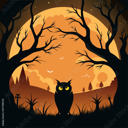 Spooky halloween night with a silhouette owl under a giant orange moon