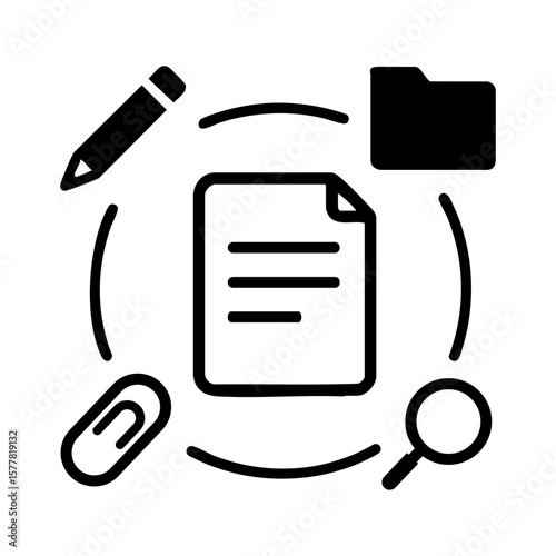 Office document workflow with paper, pencil, folder, clip and magnifying glass