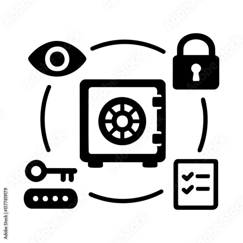 Secure vault and safety protection with lock, password, key and checklist icons