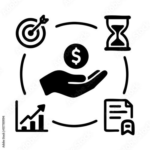 Financial goal planning with hand, dollar, target, documents and growth analytics