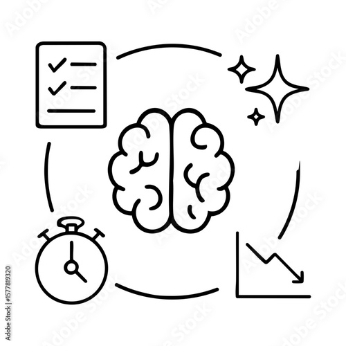 Brain with surrounding icons representing time management, goals, productivity and mental clarity