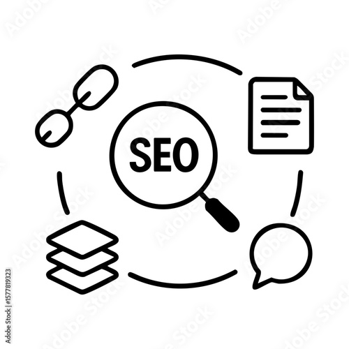 SEO concept with icons for content, links, communication and digital marketing structure