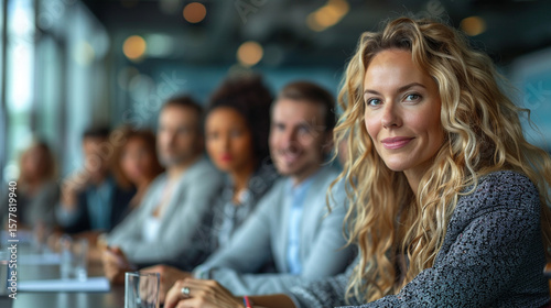 A confident and diverse business team smiling during a professional meeting or conference. Captures teamwork, collaboration, and a positive work atmosphere. Ideal for corporate, leadership