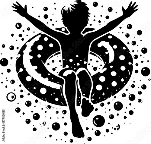 Boy swimming joyfully on inflatable ring surrounded by bubbles  