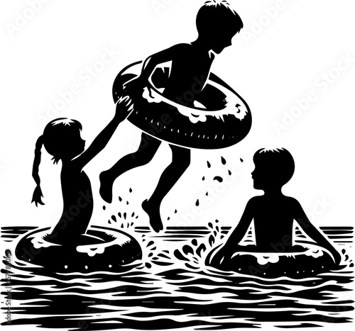 Children playing in swimming pool with inflatable rings in summer  