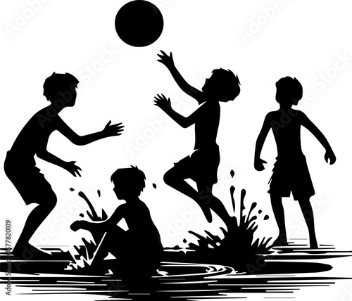 Children playing in water and splashing while tossing a ball  