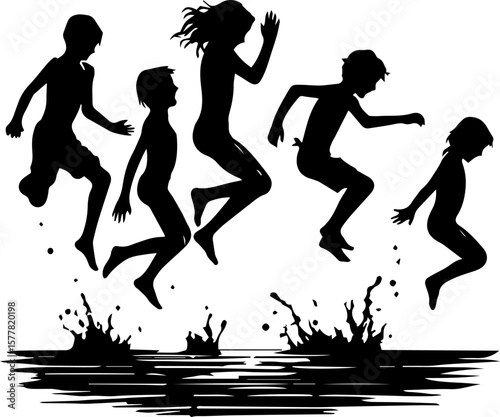 Children jumping into water and splashing in summer fun  