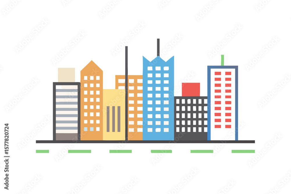Obraz premium Colorful flat design cityscape with modern skyscrapers and a road