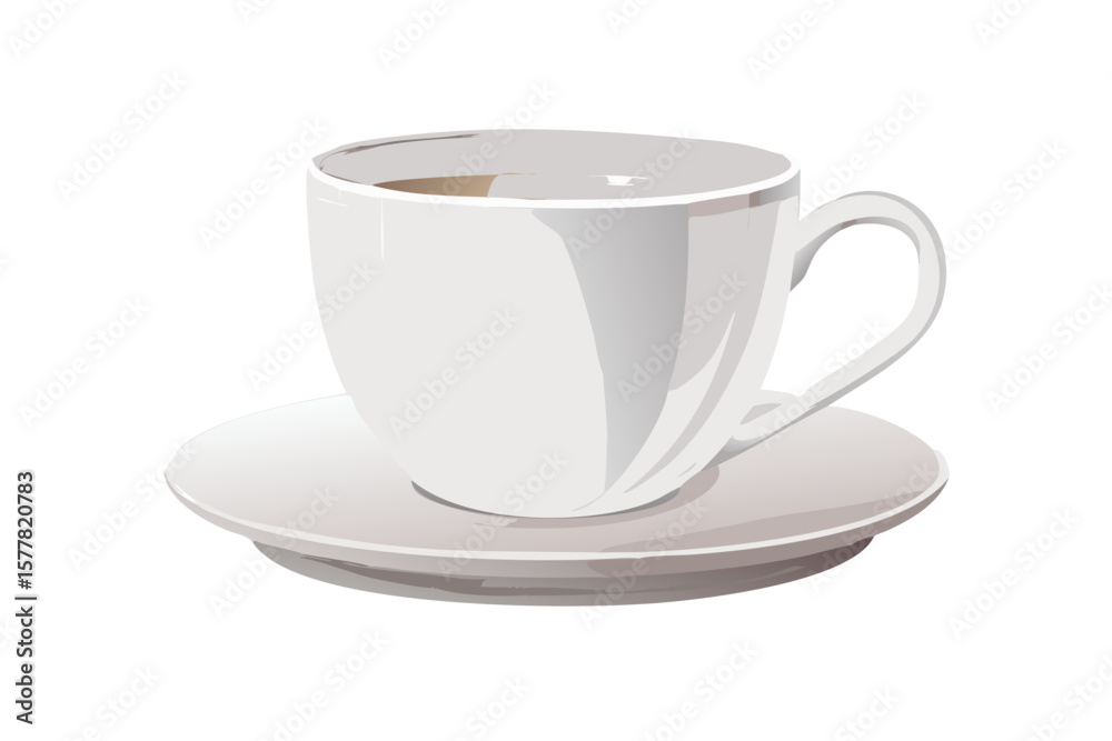 A simple white ceramic coffee cup filled with a light brown beverage on a saucer A simple white ceramic coffee cup filled with a light brown beverage on a saucer