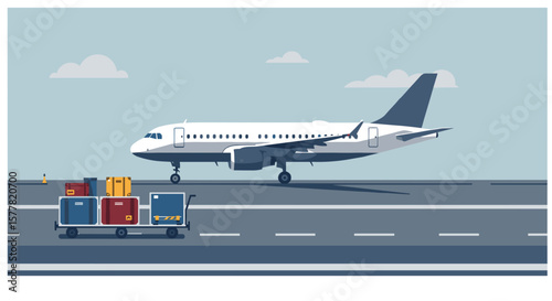 Airplane on runway with baggage cart nearby, flat vector airport scene