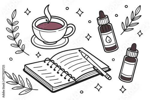 Illustration of a notebook with a pen, cup of tea, dropper bottles, and botanical elements around it