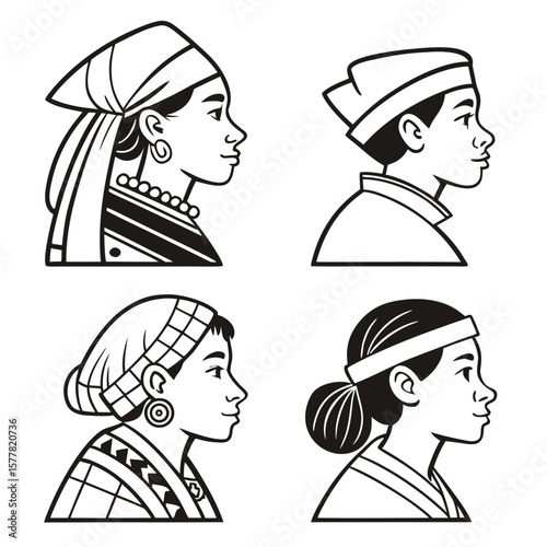 Illustrations of four people in profile wearing different head coverings and traditional clothing styles