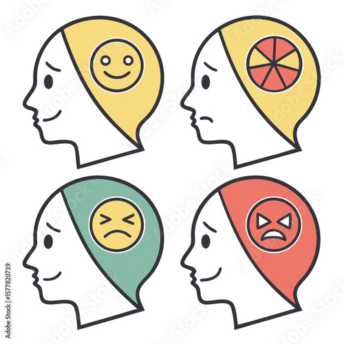 Four head profiles showing different emotions with smileys and pie chart inside of the head shapes