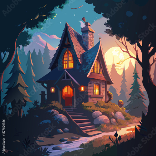 Enchanting storybook cottage nestled in a mystical forest at twilight